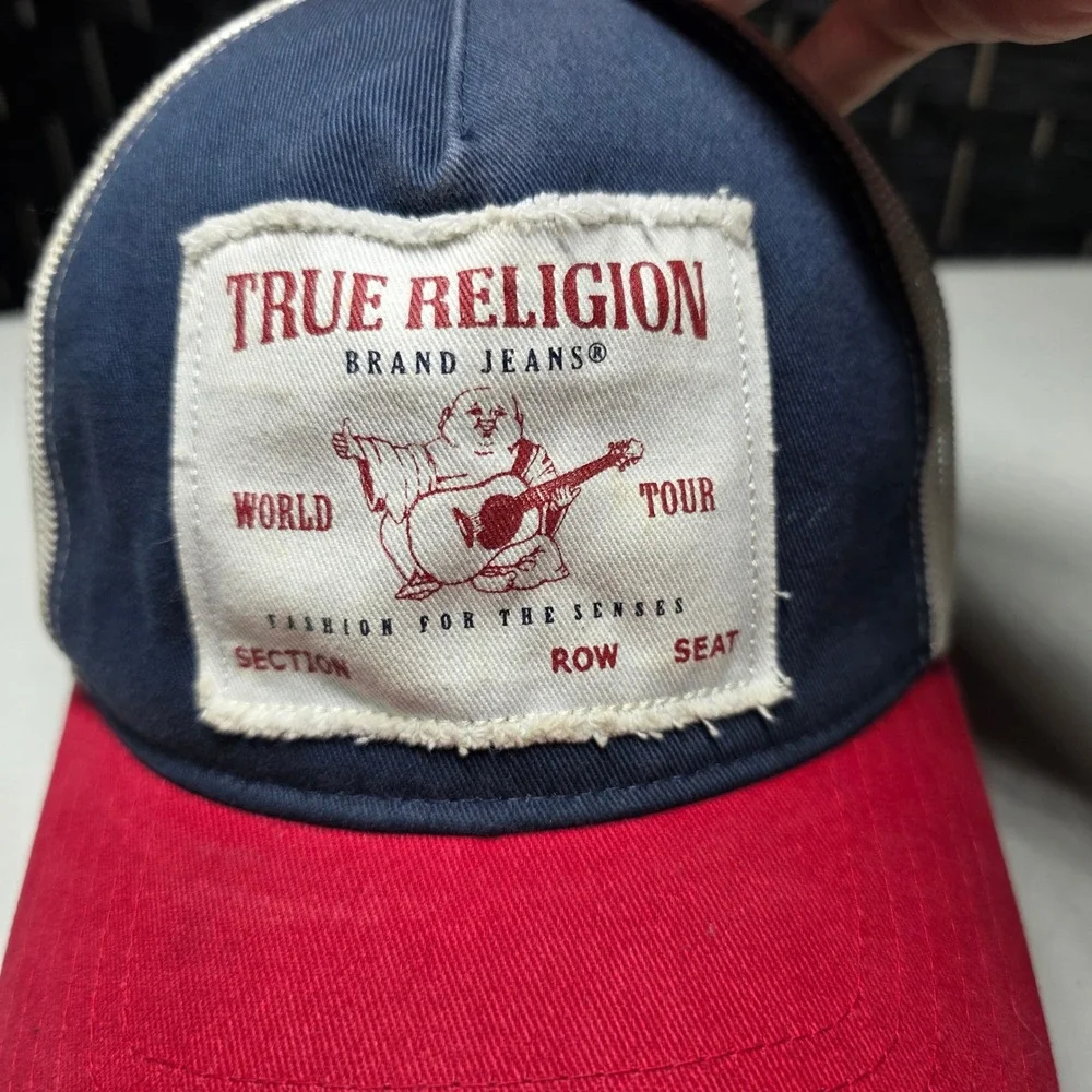 True Religion World Tour Mesh Trucker Hat Navy Red White Snapback OS